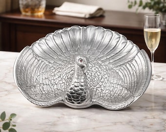 Vintage Arthur Court Metal Turkey Charcuterie Platter with Embossed Feather Design