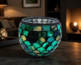 Vintage Mosaic Stained Glass Votive Candle Holder with Green and Teal Mermaid Scallop Pattern - Coastal Boho Home Decor