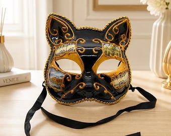 Vintage Venetian Cat Mask with Musical Scores and Architectural Scenes - Carnival of Venice Decor