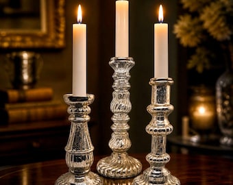 Vintage Mercury Glass Turned-Style Taper Candle Holders (Set of 3)