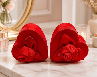 Vintage Red Satin Heart-Shaped Ring Boxes with Ribbon Rose Adornments (Set of 2)