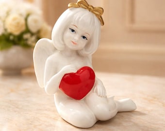 Vintage Quon-Quon Ceramic Valentine Angel Figurine with Hand-painted Red Heart Accent (Made in Japan)