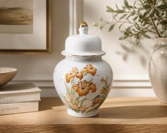 Vintage Porcelain Hand-Painted Iris and Kingfisher Ginger Jar (Made in Japan)