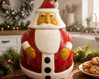Vintage Hand-Painted Ceramic Santa Claus Cookie Jar with Glossy Finish – Mid-Century Christmas Kitchen Decor