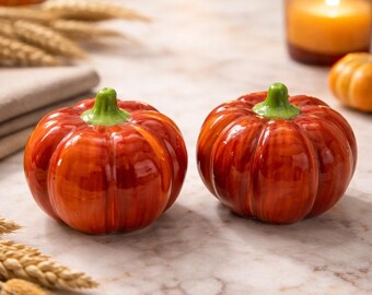 Vintage Ceramic Orange Pumpkin Salt and Pepper Shaker Set