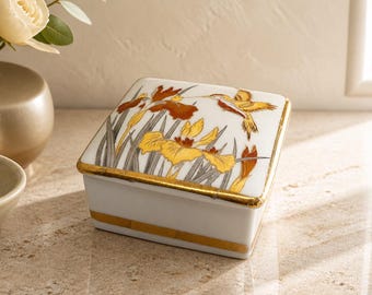 Vintage Chokin Porcelain Hand-Painted  Hummingbird and Iris Trinket Box (Made in Japan)