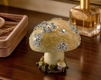 Vintage Jeweled Enameled Metal Mushroom Trinket Box Figurine with Magnetic Closure