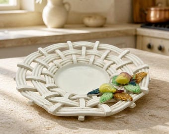 Vintage Toscany Imports Ltd Ceramic Lattice Weave Trinket Dish with Figural Fruit Appliques (Made in Spain)