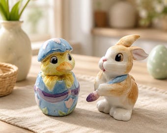 Vintage Fitz and Floyd "Painting Eggs" Ceramic Hand-Painted Easter Chick and Bunny Salt and Pepper Shakers (In original packaging)