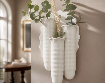 Vintage Ceramic Three-Tube Wall Pocket Vase with Scalloped Rims (Made in Czechoslovakia)