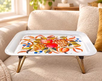 Vintage Mid-Century Metal TV Lap Tray with Fruit Motif and Folding Legs – Retro Kitchen & Home Decor
