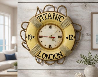 Vintage Resin Titanic 1912 Life Buoy Wall Clock with Natural Rope Accents – Maritime-Inspired Nautical Decor