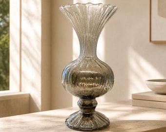 Vintage Smoke Gray Mirrored Ribbed Glass Footed Vase with Ruffled Rim