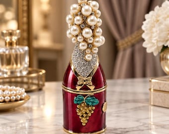 Vintage Pearl and Crystal Enameled Champagne Bottle Trinket Box Figurine with Magnetic Closure