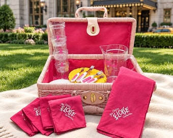Vintage The Classic Eloise Collection Toy Picnic Basket Set with Pitcher, Tumblers, Pie Dish, Plates, Embroidered Napkins and Utensils