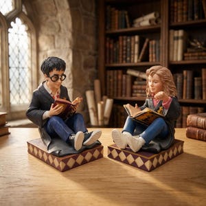 May include: Two figurines of young students sitting on diamond-patterned bases. One figure has dark hair, round glasses, and a dark robe, reading a book. The other figure has wavy hair, a dark robe, and holds a wand while reading a book.