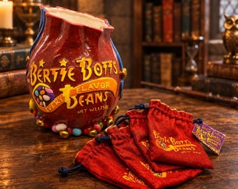 Vintage 2001 Harry Potter Bertie Bott's Every Flavor Beans Ceramic Cookie Jar with Vintage Matching Cloth Drawstring Bags (Set of 4)