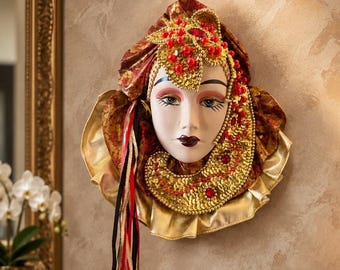 Vintage Bejeweled Mardi Gras Decorative Wall Mask – Carnival Decor with Pearls, Sequins & Ruffles