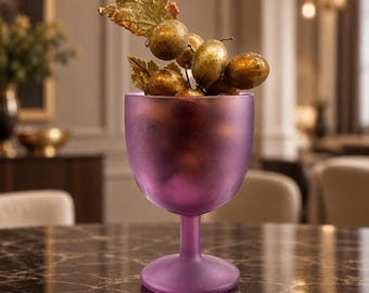 Vintage Satin Finish Purple Glass Goblet with Dimpled Accents and Gold Grapes Topper