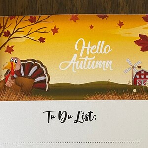 Hello Autumn Note Pad / Lined Notepad / To Do List / Barn / Fall / Leaves / Turkey / Windmill / Fun / Desk Accessory / Gift / Cute!!!