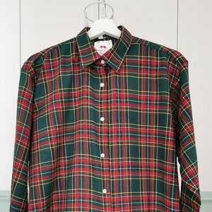 Vintage NOS 90s Tartan Plaid Shirt, Green Red Checked Collar Shirt, Unisex Long Sleeve Button Up Shirt, size L