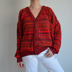 Vintage 90s Red Pattern Wool Cardigan, V-Neck Wool Knit Sweater, Button Down Grandpa Sweater, Baggy Wool Sweater, Chunky Hipster Cardigan image 1