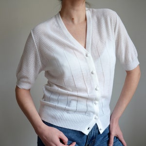 Vintage 90s Fine Knit Cardigan, Short Sleeve Jacquard Knit Blouse, V-neck Cardigan, Lacey Pattern Summer Cardigan, Romantic Cardigan/Blouse