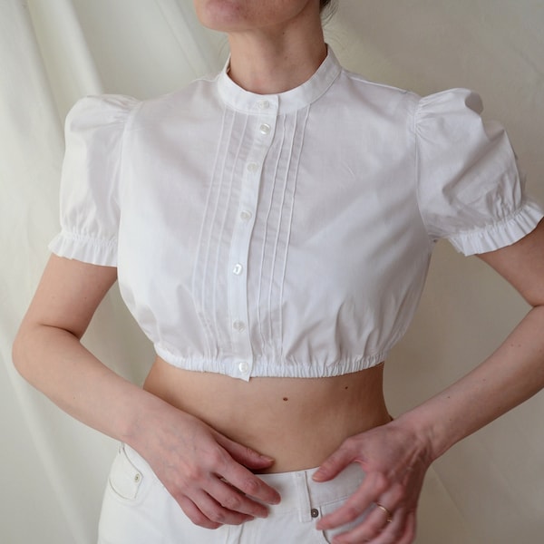 Vintage NOS Dirndl Blouse, White Crop Folk Top with Puffy Sleeves, Peasant Blouse with High Neck Collar, Oktoberfest/Cottage core style