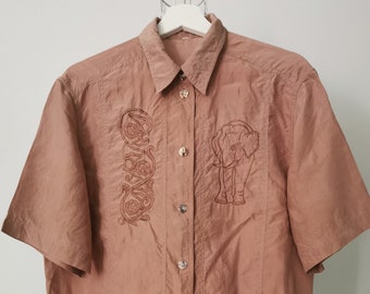 Vintage 90s Embroidered Silk Blouse, Dusty Rose Silk Top, Pink Short Sleeve Summer Top, Boho /Eastern Motives, Oversized Hipster Blouse, XL