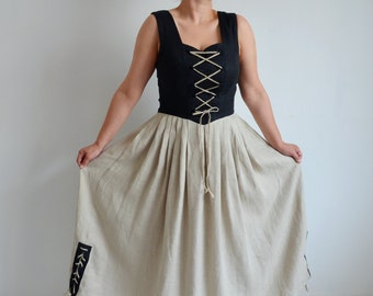 Vintage Austrian Folk Linen Dress, Beige Black Linen Peasant Dress, Bohemian Maxi Dress, Tracht/Oktoberfest/Bavarian/Cottage core, size L