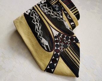 90's Abstract Print Necktie, Gold Yellow, Red and Green Necktie, Hipster Necktie, Pure Silk Necktie, Made in Italy