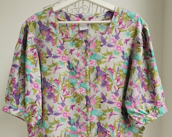 Vintage 80's Bright Colors Blouse with Puff Sleeves, Birds and Flowers Print Blouse, Purple Magenta Mint Green Top, Short Sleeve Blouse, L