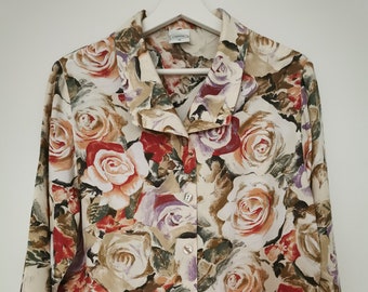 Vintage 90's Floral Print Top, Roses Print Long Sleeve Blouse, Women's Button Up Shirt, Boho Blouse, Hipster Print Blouse, size 40 DE