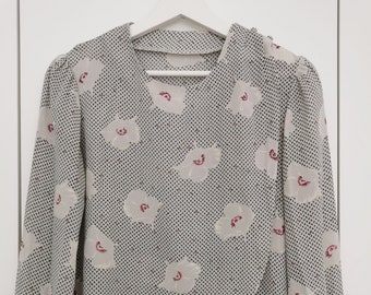 90s Floral Print Wrap Blouse: Gray Burgundy Boho Top