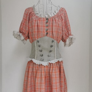 Vintage 90s Dirndl Linen Dress with Puffy Sleeves, Off the Shoulder Folk Dress with Crochet Lace, Bohemian/Peasant/Oktoberfest/Cottage core