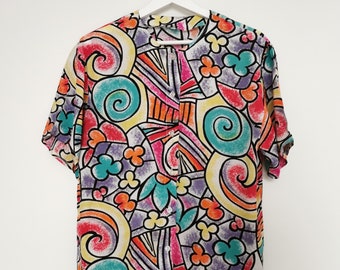 Vintage 80er Jahre Print-Bluse: Buntes Viskose Top, Gr. 40