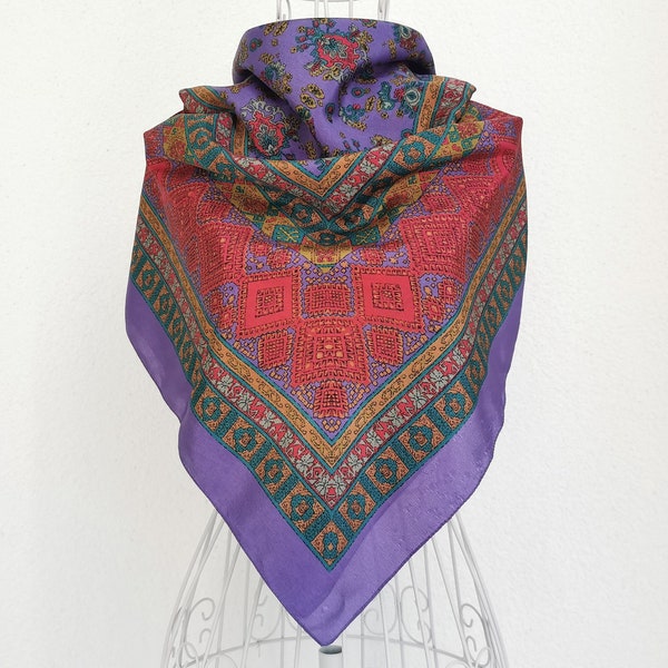 Vintage 90's Silk Scarf, Dark Colors Silk Scarf, Abstract Print Scarf, Large Square Scarf, Purple Red Green Scarf, Vintage Silk Headscarf