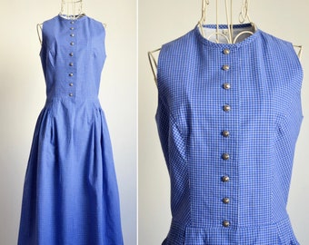 Vintage Austrian Folk Dress, Blue White Checkered Dirndl Dress, Sleeveless Peasant Dress, Bohemian/Oktoberfest/Cottage core, size S