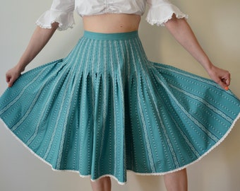 Vintage 90s Austrian Skirt, Turquoise Blue Folk Skirt, Floral Print Festival Skirt, High Waist Skirt, Full Circle Skirt, Trachten/Peasant