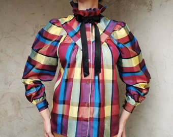 Vintage 80s Checkered Blouse: Ruffle Collar Shiny Top