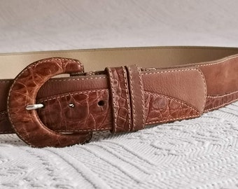 Vintage 80's Brown Pattern Leather Belt, Nubuck/Embossed Leather Belt, High Waist Belt, Boho Belt, Women's 90's Hipster Belt, Statement Belt