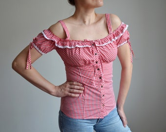 Vintage Gingham Pattern Dirndl Blouse, Cold Shoulder Folk Blouse with Puffy Sleeves, Red White Check Blouse, Festival/Peasant/Oktoberfest