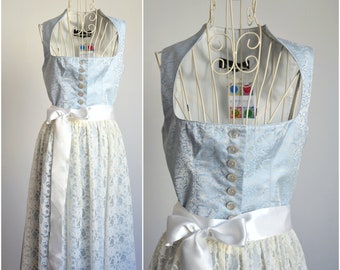 Vintage NOS Dirndl Dress with Apron, Soft Blue Shiny Austrian Folk Dress with White Lace Apron, 2 Piece Floral Trachten Costume, size S