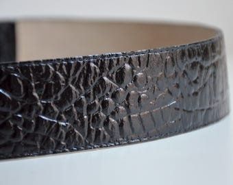 Vintage 80s Black Patent Leather Belt, Croc Embossed, Made  display picture 2