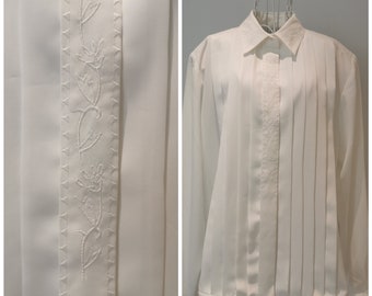 Vintage 90's Embroidered White Blouse, Floral Embroidery Collar, Button Up Top, Oversized Collar Shirt, Pleated Top, Formal Event Top