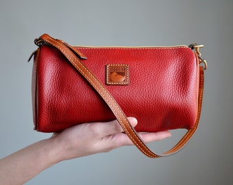Vintage Dooney & Bourke Mini Barrel Shoulder/Wrist Bag, Red Pebbled Leather Mini Bag with Keyholder, Red/British Tan Zip Top, Designer Bag