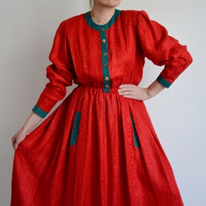 Vintage 80s Sportalm Austrian Dress, Red Folk Dress with Long Puff Sleeves, Trachten/Bavarian/Oktoberfest/Bohemian/Folk/Tyrolean, 38 DE
