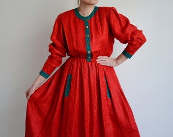 Vintage 80s Sportalm Austrian Dress, Red Folk Dress with Long Puff Sleeves, Trachten/Bavarian/Oktoberfest/Bohemian/Folk/Tyrolean, 38 DE