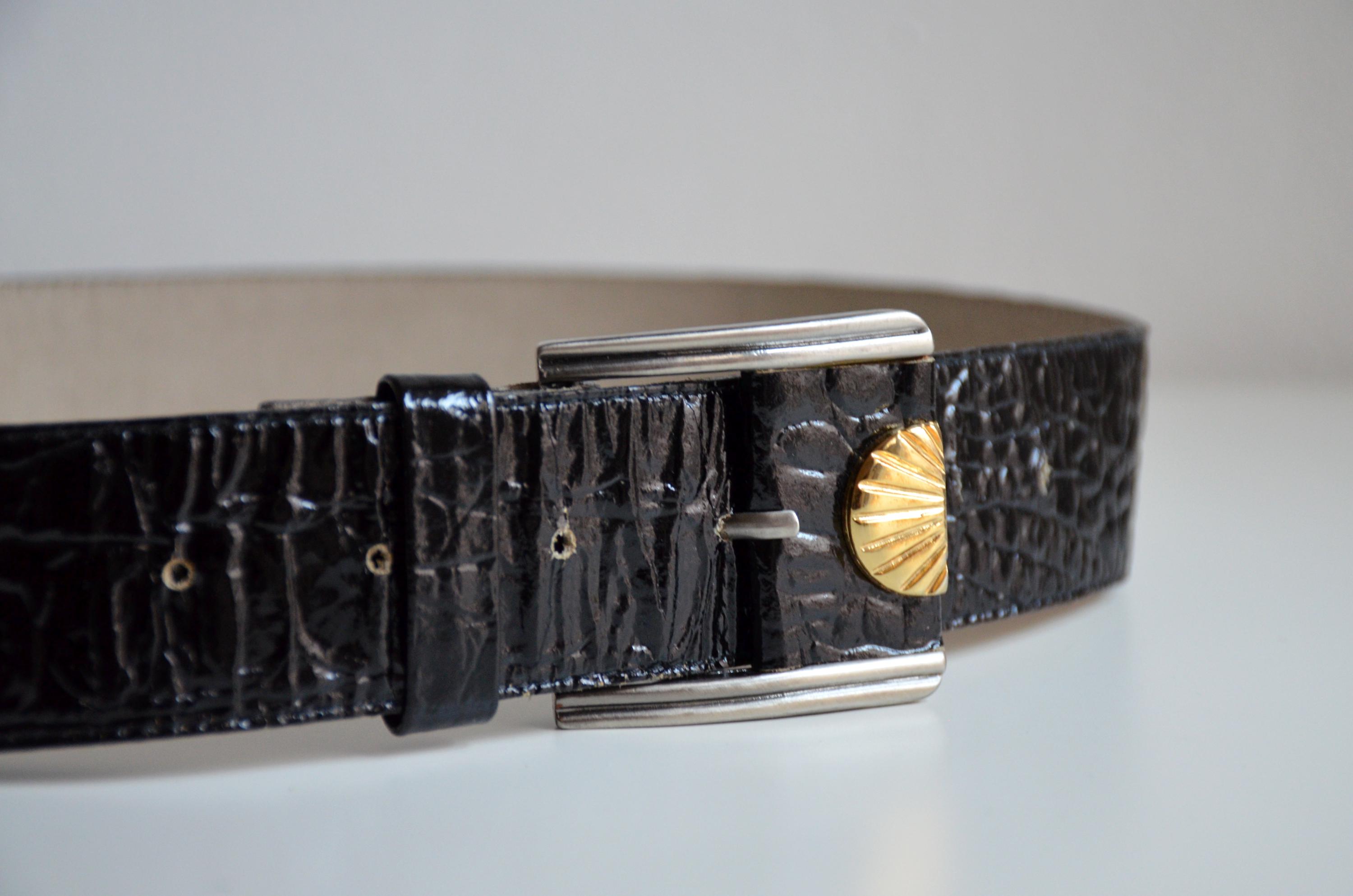 Vintage 80s Black Patent Leather Belt, Croc Embossed, Made  display picture 3