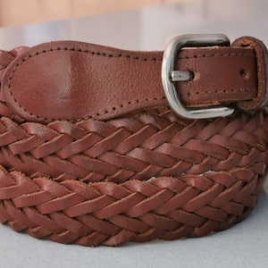 Vintage Brown braided leather boho hippie festival belt /silver engraved Buckle Vintage Chocolate Brown Braided Leather Belt With Round  main image 4